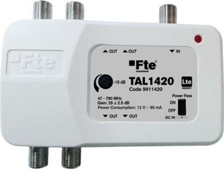 Fte TAL 1420 linkový zesilovač FM-TV, zisk 20dB, výstupy pro 4 TV, LTE 4G