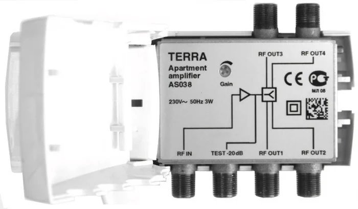 Terra AS038 linkový zesilovač FM-TV, zisk 20dB, výstupy pro 4 TV