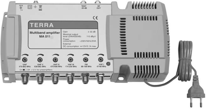 Terra MA012 zesilovač I/FM/III/2xUHF, zisk 44dB/112dBµV
