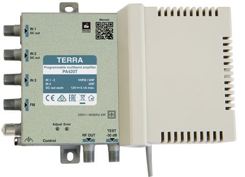 Terra PA420T program. zesilovač FM/DAB/2xUHF, zisk 63dB/113dBuV, LTE 5G, Win/And